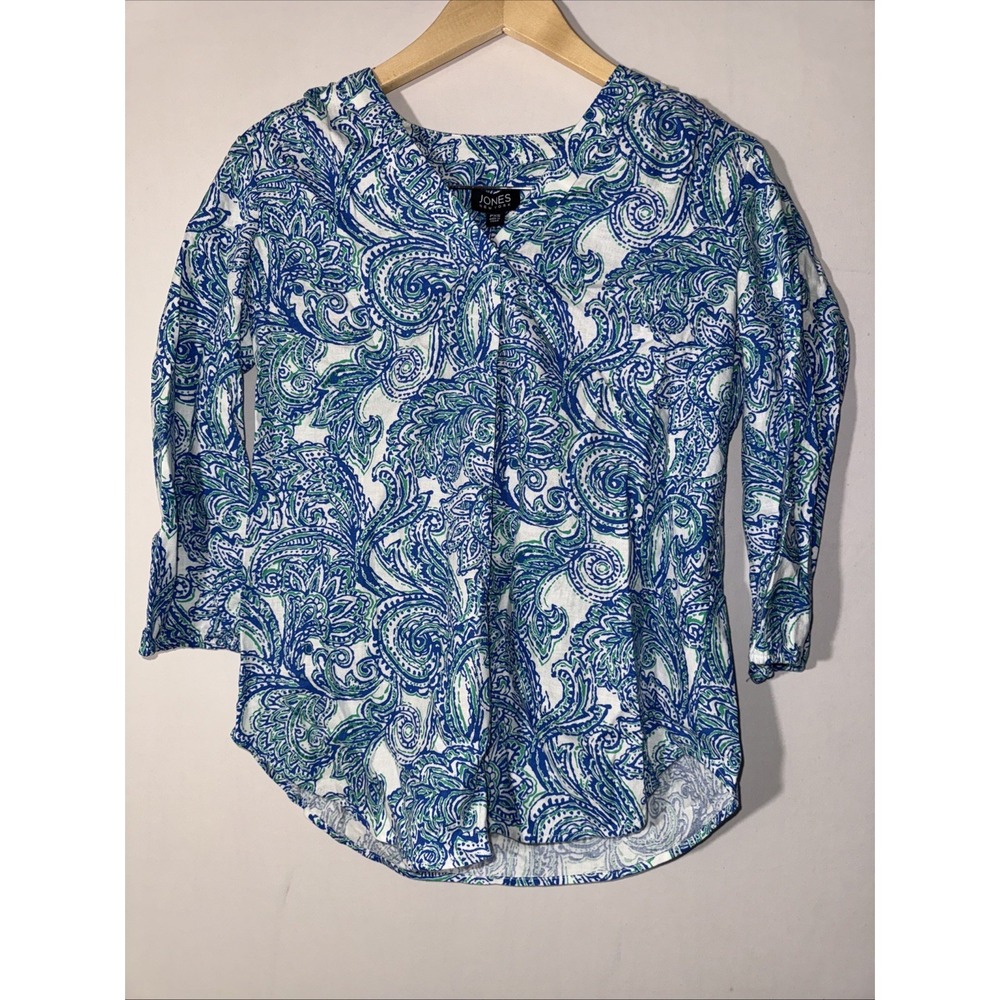 Jones New York Womens Linen Blend VNeck Paisley 3/4 Sleeve Blouse Petite XS Blue